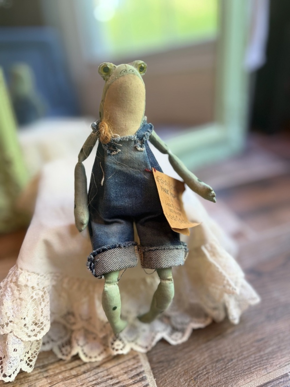 Handmade Green Frog Plush in Denim Overalls - Unbranded